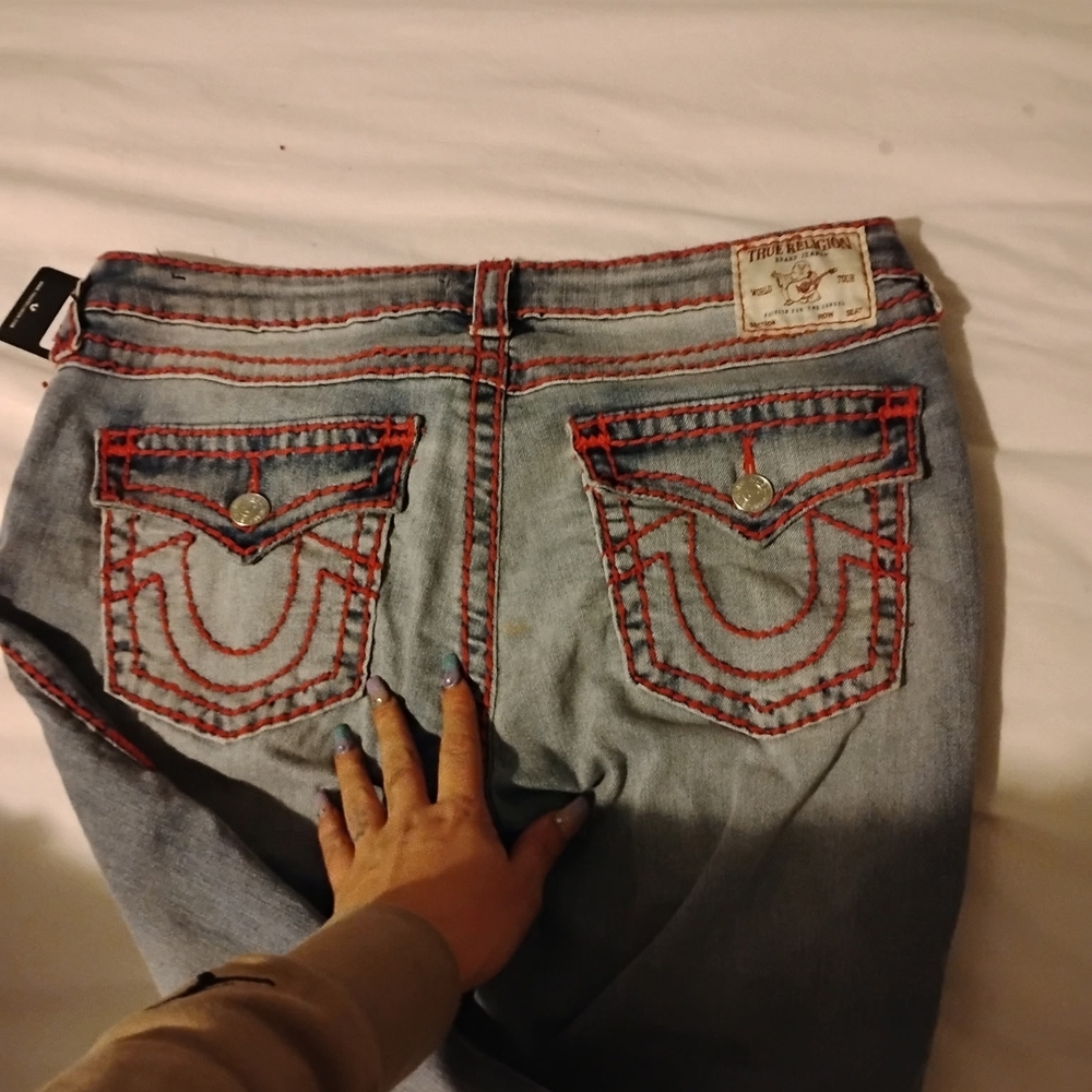 True Religion Light Blue Jeans with Red Stitching